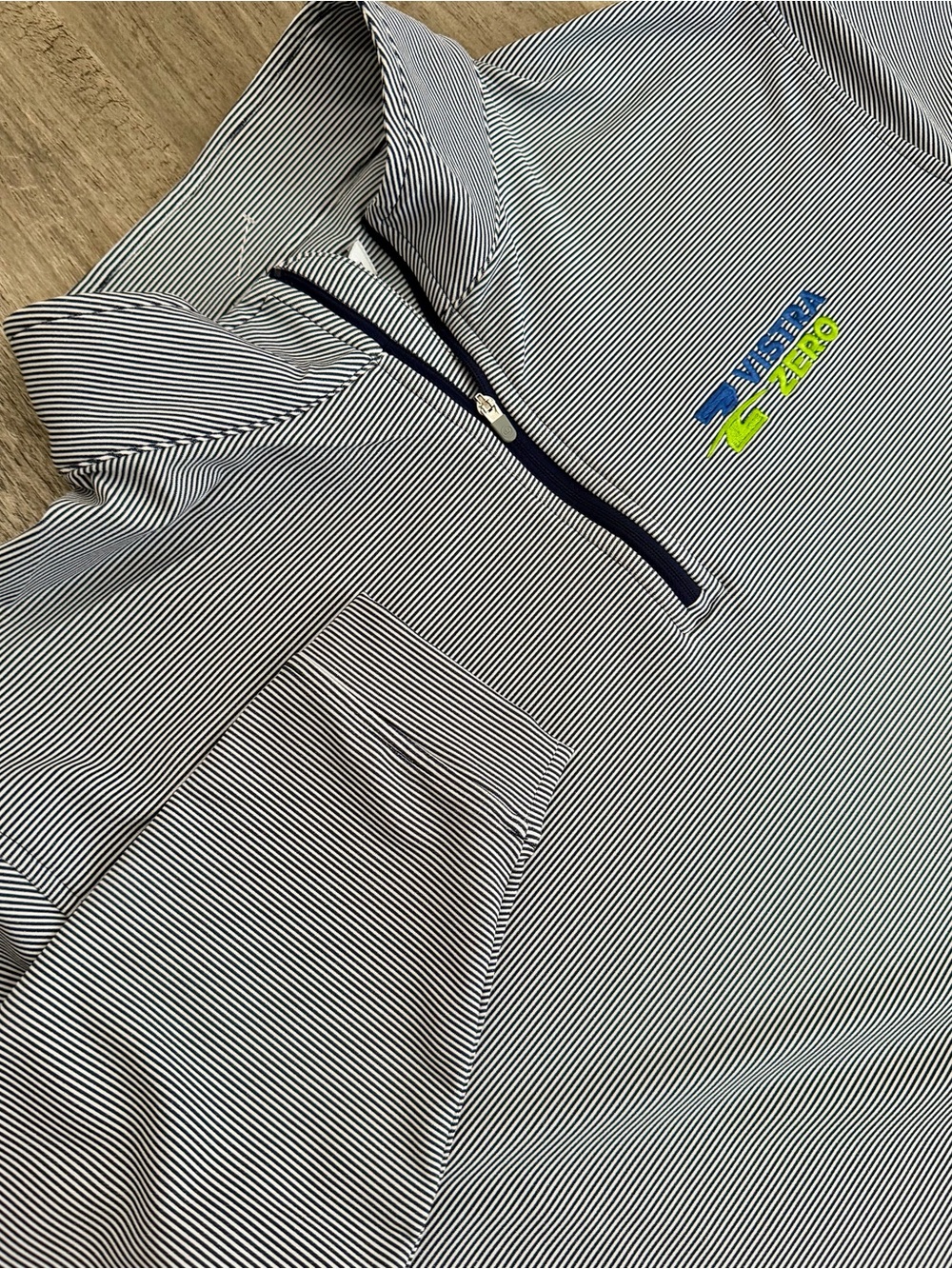 Peter Millar Navy and White Striped Quarter-Zip Pullover with Neon Logo